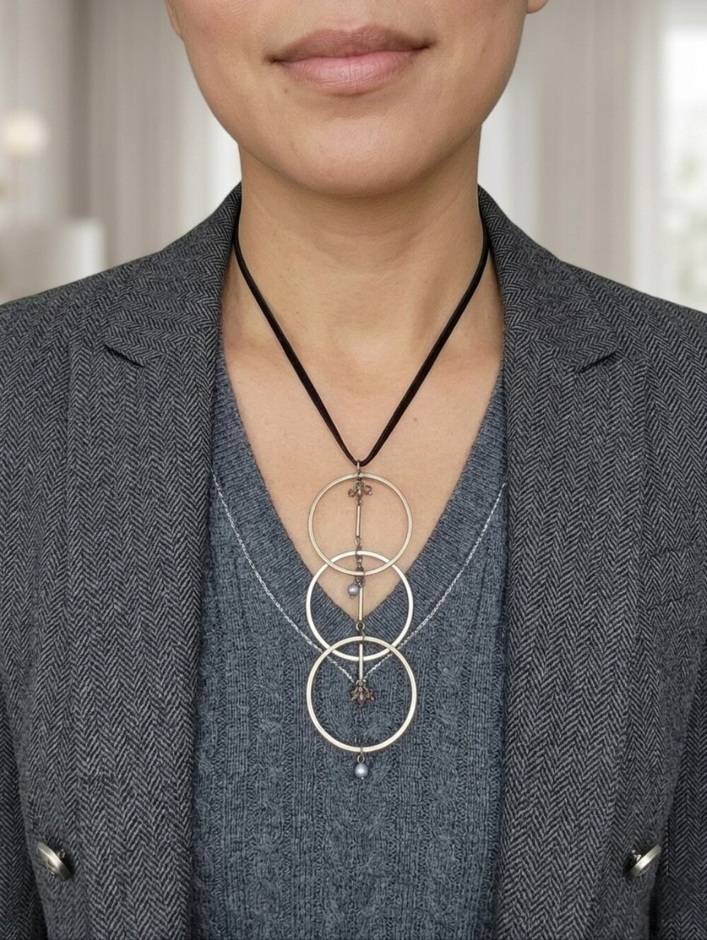 MIXIT Triple Circle Pendant Wuth Gray Pearls Cord Necklace